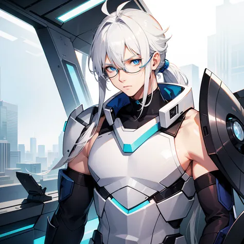 Male, white hair, man, blue eyes, tank top outfit, at the mecha cockpit, long hair, ponytail hair, glasses