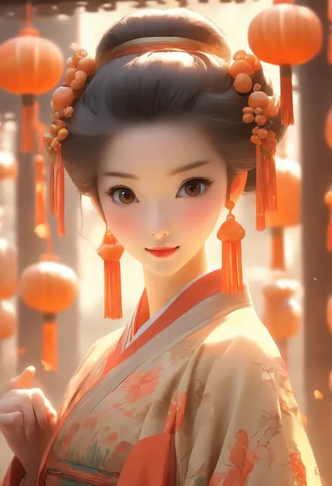 China-style，Tang Dynasty Maiden，Hanfu，Cute and cute，Take a bunch of sugar gourds，eery，The lively streets of Changan，（Full body like：1.4），Detailed and accurate，depth of fields，8K,A high resolution,tmasterpiece,Beautiful wallpapers,high qulity,high detal,s t...