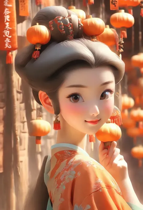 China-style，Tang Dynasty Maiden，Hanfu，Cute and cute，Take a bunch of sugar gourds，eery，The lively streets of Changan，（Full body like：1.4），Detailed and accurate，depth of fields，8K,A high resolution,tmasterpiece,Beautiful wallpapers,high qulity,high detal,s t...