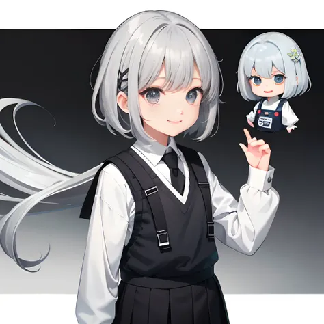 medium gray hair、girl child,pinging、very short、1 persons,dual horsetail, 独奏, (twitch emote:1), tchibi, black eyes, comic strip, ...