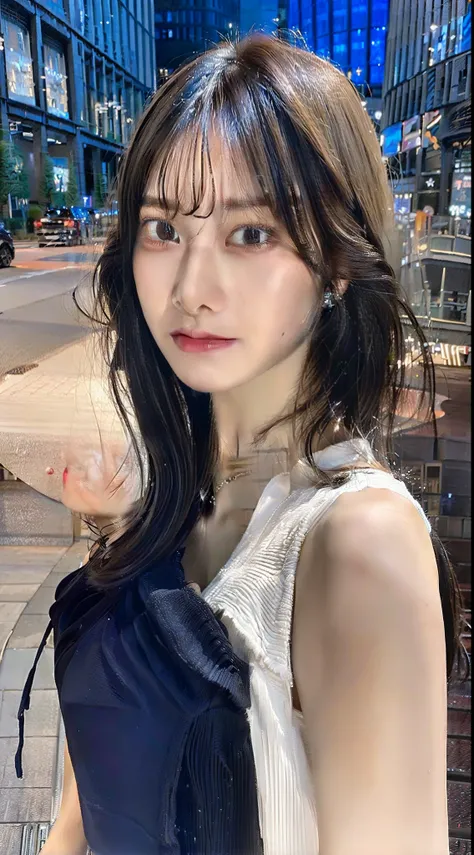 ((Best quality, 8k, Masterpiece :1.3)), Sharp focus :1.2, perfect figure beautiful woman:1.4, Slim abs:1.2, ((Layered Hair Style:1.2)), (Tank top shirt:1.1 ), (city night scene:1.2), Highly detailed facial and skin texture, A detailed eye, 二重まぶた