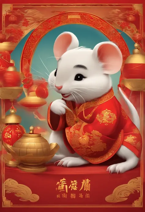 Chinese New Year，Year of the Rat，Big red，cartoony，Commercial posters，There are decorations around，delight