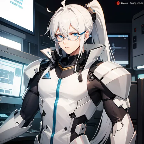 Male, white hair, man, blue eyes, tank top outfit, at the mecha cockpit, long hair, ponytail hair, glasses, (solo)