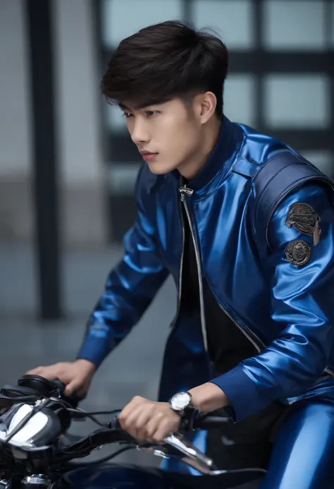 Handsome Chinese male high school student，Wearing a PVC blue motorcycle suit，There are zippers，greybackground