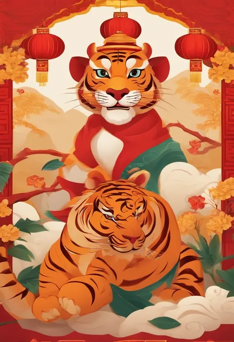 Chinese New Year，The Year of the Tiger，Big red，cartoony，Commercial posters，There are decorations around，delight