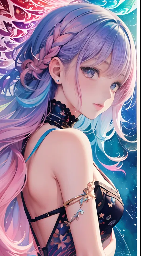 (masterpiece, top quality, best quality,watercolor (medium),official art, beautiful and aesthetic:1.2),(1girl:1.3), (fractal art:1.3),upper body, from side, looking at viewer,patterns,(rainbow color Hair,colorful hair,half blue and half pink hair:1.2),wate...