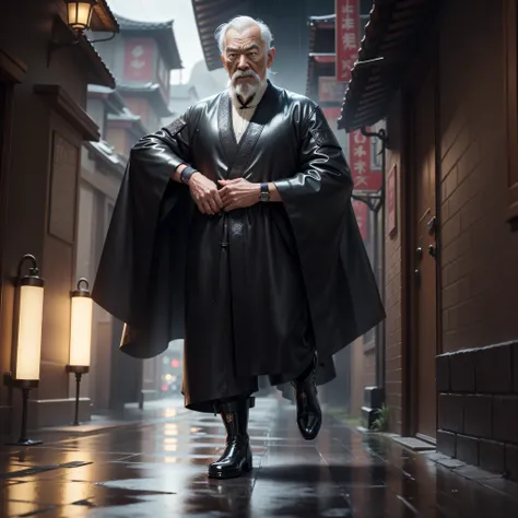 Old gentleman with a goatee，Black high-gloss rain boots，Asian people，There are wrinkles，Extremely detailed CG Unity 8K wallpaper masterpiece，Best illumination