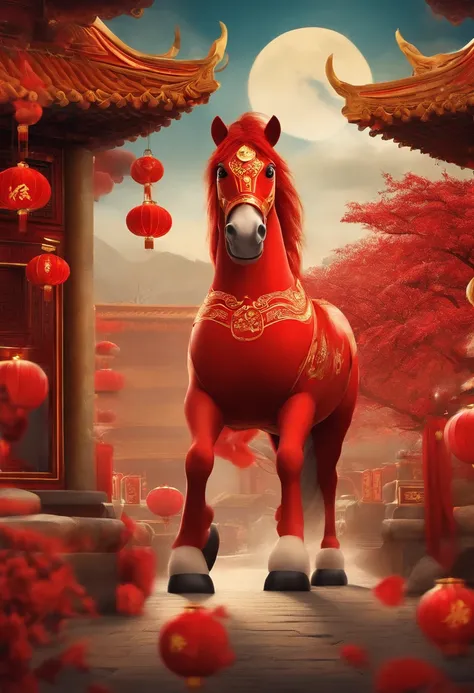 Chinese New Year，The Year of the Horse is prosperous，Big red，cartoony，Commercial posters，There are decorations around，delight