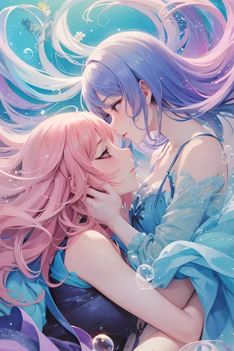 (Masterpiece, Top Quality, Best Quality, Watercolor (Medium), Official Art, Beautiful and Aesthetic: 1.2), (2 Girls: 1.3), Dynamic Kiss, (Fractal Art: 1.3), On the Bed, Upper Body, From the Side, Fantastic, Pattern, (Iridescent Hair, Colorful Hair, Half Bl...