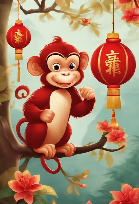 Chinese New Year，Year of the Monkey，Big red，cartoony，Commercial posters，There are decorations around，delight