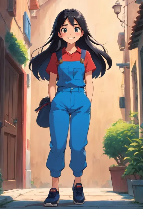 girl latina, black long hair, 18 years, blues eyes, style pixar, multiples expression and poses, character sheet, in blue pants, black shoes, red sports shirt, character  dynamic, pose, full body,laughing face, character design sheet