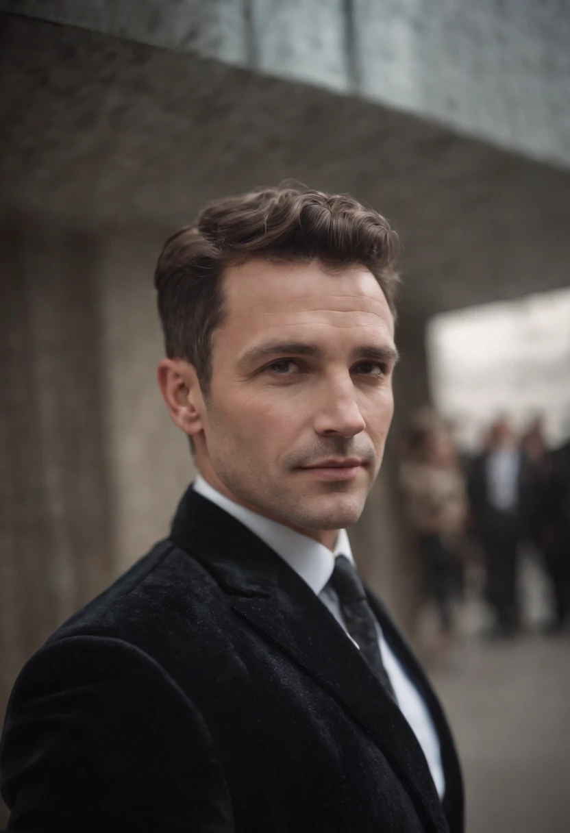 Cinematic photo, wide angle, of a handsom man, 40 years old, shaven , short curly brown hair. dark brown tight velvet suit, with black flower patterns. Minimalistic background, clean composition, strong details, Muted Colours, Hasselblad --style raw