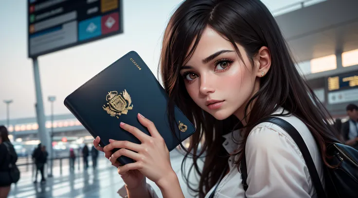 best quality,highres,ultra-detailed,realistic:1.37,a beautiful girl journalist holding her passport in hand at an airport,portraits,sharp focus,colorful,studio lighting