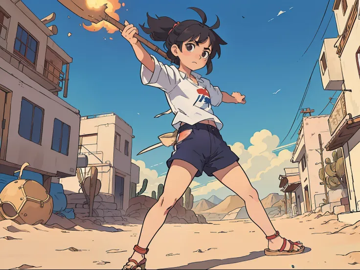 Character in center in battle pose with a stick, cabelo arrepiado estilo anime, camisa cinza, bermuda ao estilo couro antigo, Simple sandals on the feet and determined look. in the background a desert scenery, ao estilo estilo Katsuhiro Otomo. manga, comic...