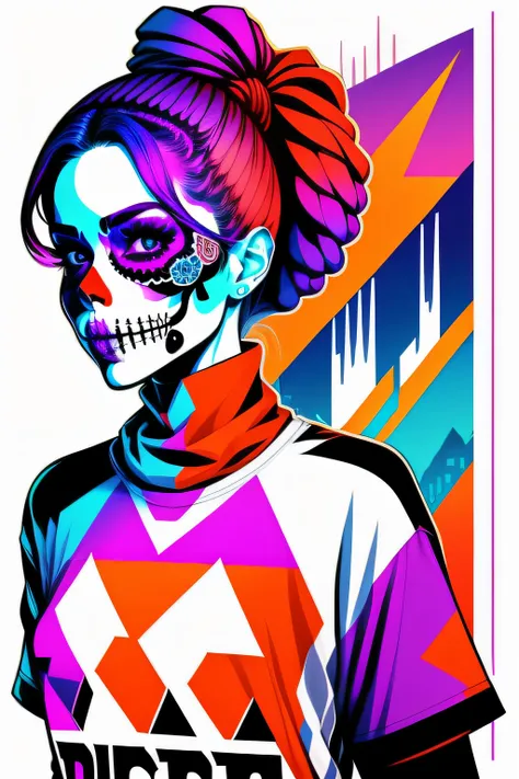 colorful design for a Sticker or T-shirt. Generate a striking and unique illustration of a sugar skull girl character wearing urban style clothing. The character should have vibrant,  colorful sugar skull makeup on her face and be dressed in modern,  edgy ...