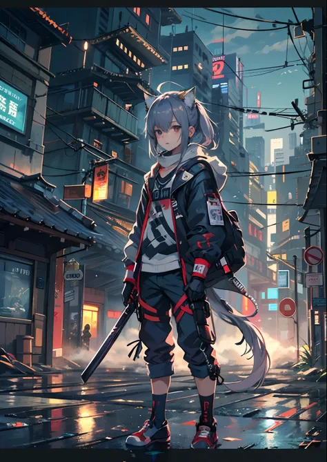 1boy,Mans ,Cyberpunk Boy、katanas,machine gun、Cats ears、silber hair、poneyTail、Whole body bloody、The beginning of the adventure、Into the cloud、Chaotic city of the future、ruined and devastated city、Very complex Japan buildings、railroad crossing、Trees、Warm lig...