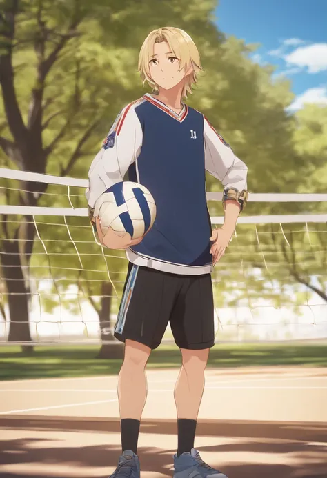 ((fully clothed))high res, masterpiece,Kenma Kozume, ((1boy,)) ((1man)), black_hair (blonde_hair) looking_to_the_side male_focus multicolored_hair,solo sportswear sweat sweatdrop twitter_username tying_hair upper_body volleyball_uniform  yellow_eyes, detai...