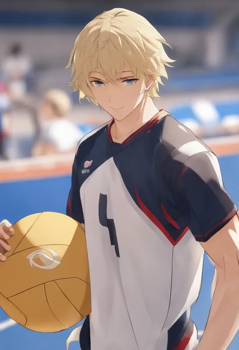 ((fully clothed))high res, masterpiece,Kenma Kozume, ((1boy,)) ((1man)), black_hair (blonde_hair) looking_to_the_side male_focus multicolored_hair,solo sportswear sweat sweatdrop twitter_username tying_hair upper_body volleyball_uniform  yellow_eyes, detai...