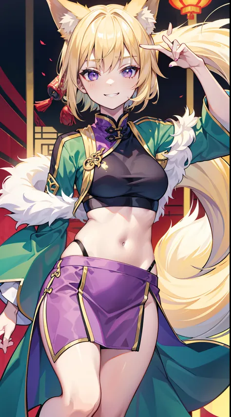 young girl, short blonde hair, Fox ears, violet eyes, long chinese skirt, Green Chinese tight top, open belly, smirk, Masterpiece, hiquality