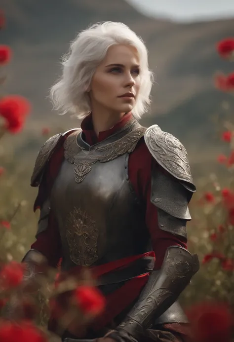 Masterpiece , A girl, in a field, ( Short pale white hair:1.2), (Red eyes:1.2), (Claussad:1.2), (looking at viewert:1.2) , (8K, Best quality 1.2), Ultra-detailed, 8K  UHD, Soft lighting, High quality, filmgrain, Beautiful lighting, Cinematic ,Perfect body ...