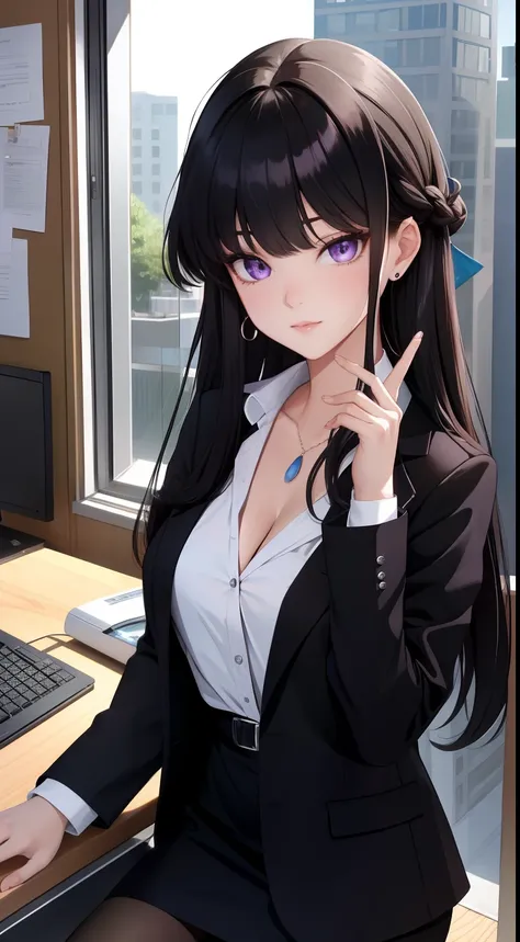 (Best Quality:1.1), (masutepiece:1.2), High quality shadows, Beautiful detailed, Beautiful face, Detailed eyes, depth of fields, hight resolution, Best Shadow, Best Illumination, 1girll, view the viewer, Black hair, Blunt bangs, Long hair, Purple eyes, Shy...