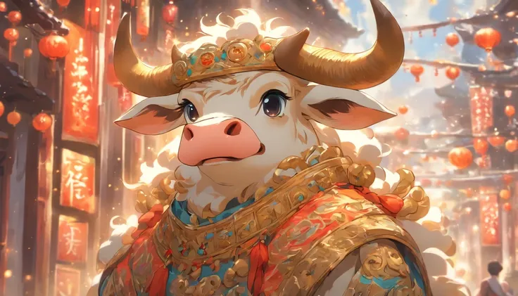 Zodiac cow Cute horns, ,Big eyes, Wear festive attire, Standing on the side of the street, Ancient style, Artistic touch，Snes painting