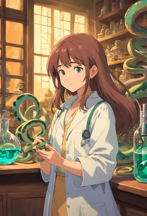 a girl with a snake in the laboratory