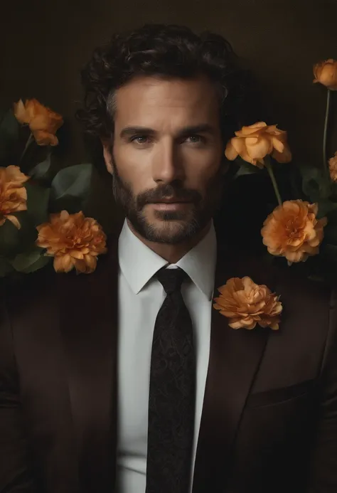 Cinematic photo, Grand angle, of a handsom man, 40 ans, shaven , curly short brown hair. Dark brown tight velvet suit, avec des motifs de fleurs noires. minimalist background, Composition propre, Strong details, muted colors, Hasselblad --style brut