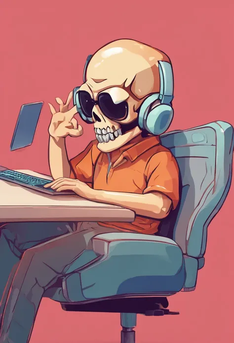 Text "jcenters". Super Cute skull looking at computer, reclining on a high-tech chair, sipping on a glass of milk, cartoon style, side view, t-shirt design, with the text “JCenters”poster, illustration, typography,Fortnite style, rimlights, midjourney styl...