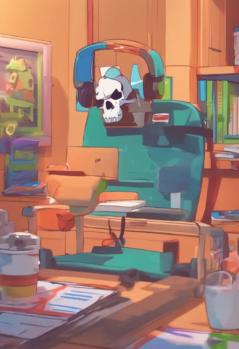 Text "jcenters". Super Cute skull looking at computer, reclining on a high-tech chair, sipping on a glass of milk, cartoon style, side view, t-shirt design, with the text “JCenters”poster, illustration, typography,Fortnite style, rimlights, midjourney styl...