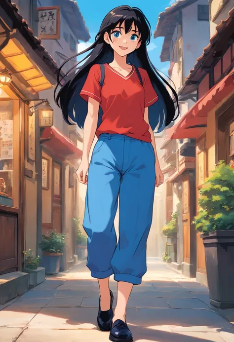 girl black long hair, 18 years blue eyes, style pixar, ((multiples expression and poses)), character sheet, in blue pants, black shoes, red bluse, character dynamic, pose, full body,laughing face, character design sheet.