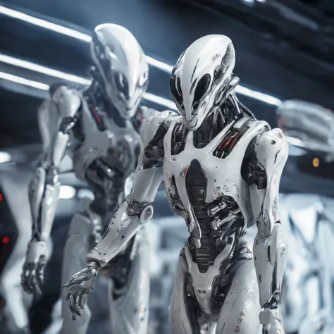 An alien，full body，Humanoid，mechs，(Wearing a white zirconium dioxide ceramic surface mech:1.5)，(((Hard surface properties)))，(((streamlined line design)))，It has refined features in a sci-fi environment,with light glowing, Sparks and lights, best qualtiy，t...