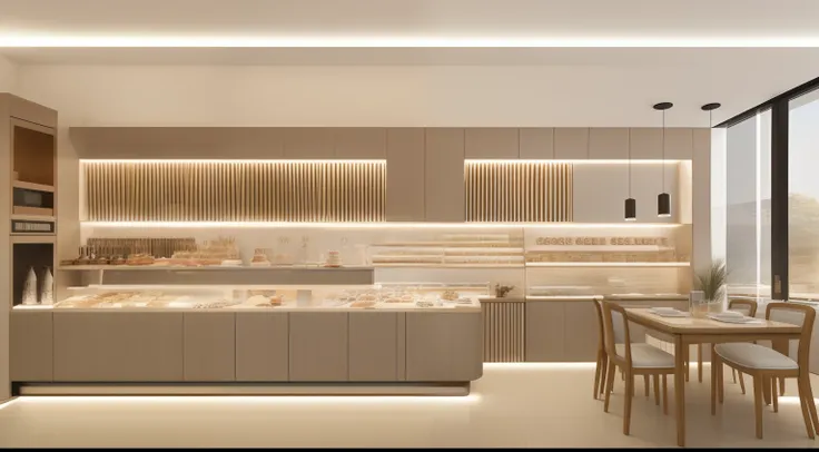 (cake shop: 1.1), display cabinet, cake console, (solid color style: 2.2), 30 square meters area, (small space: 3.2), glass, architectural visualization, real physical rendering, warm and harmonious lighting, interior design drawing, warm interior decorati...