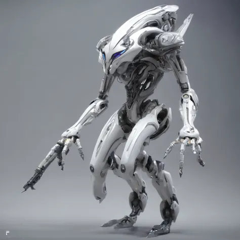 An alien，full body，Humanoid，mechs，(Wearing a white zirconium dioxide ceramic surface mech:1.5)，(((Hard surface properties)))，(((streamlined line design)))，It has refined features in a sci-fi environment,with light glowing, Sparks and lights, best qualtiy，t...