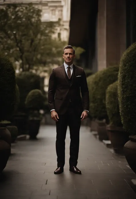 Cinematic photo, wide angle, of a handsom man, tall and fit, 40 years old, shaven , short curly brown hair. dark brown tight velvet suit, the jacket has black flower patterns. Minimalistic background, clean composition, strong details, Muted Colours, Hasse...