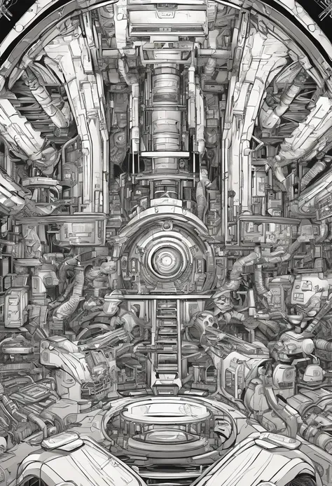 Mechanical background, Black and white color scheme, Inside the spaceship