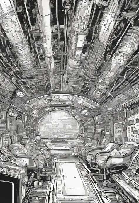 Mechanical background, Black and white color scheme, Inside the spaceship