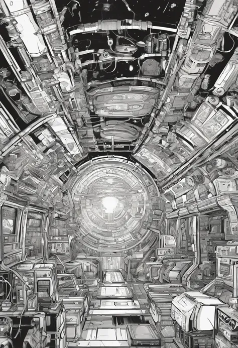 Mechanical background, Black and white color scheme, Inside the spaceship