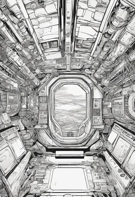 Mechanical background, Black and white color scheme, Inside the spaceship