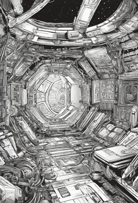 Mechanical background, Black and white color scheme, Inside the spaceship