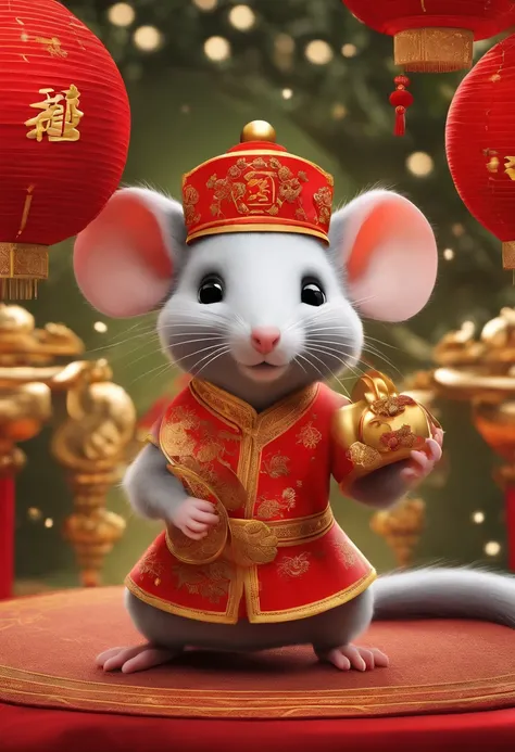 Chinese New Year，Rat，Big red，Cartoony，，There are decorations around，delight