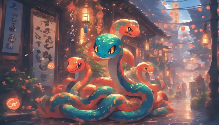 Zodiac snakes , Cute snake,Big eyes, Wear festive attire, Standing on the side of the street, Ancient style, Artistic touch，Snes painting