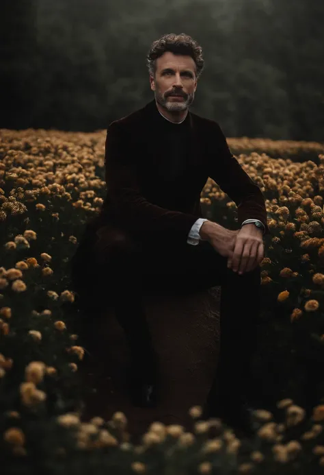 Cinematic photo, Grand angle, of a handsom man, Grand et en forme, 40 ans, shaven , curly short brown hair. Dark brown tight velvet suit, La veste a des motifs de fleurs noires. minimalist background, Composition propre, Strong details, muted colors, Hasse...