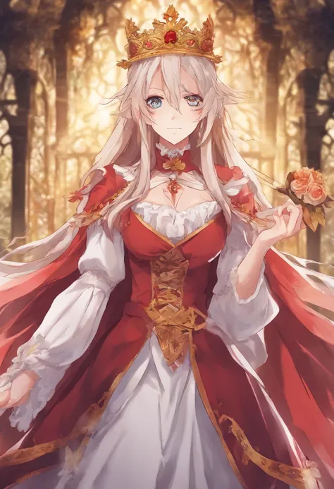 garota de anime, garota pequena, pele clara, olhos carmesim, cabelos brancos, cabelos longos, vestido branco da nobreza, nobreza, Royal Family, poder de fogo vermelho, controle de chamas vermelhas, fogo, ultra detalhado, arte de anime fantasia, arte epica,...