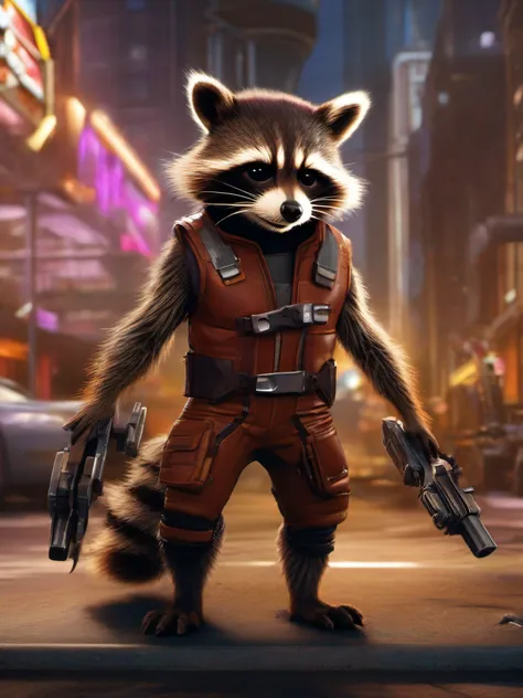 creative masterpielce, highly realustic photo, cinematic portrait of ("Rrocket Raccoon") in athrilling dramatic cinematic action scene, very realistic detailed future hitec urban mega-city with realistic details  lighting and reflections, (Rocket Raccon wi...