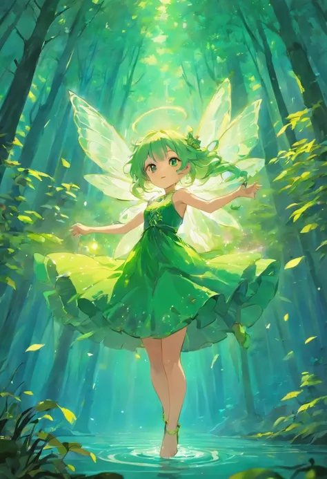 On a lake surrounded by forests，A fairy in a green dress hangs over the lake，Blue ribbons floated around her，Her light green hair collapsed limply on her back，With tenderness and kindness on her face。