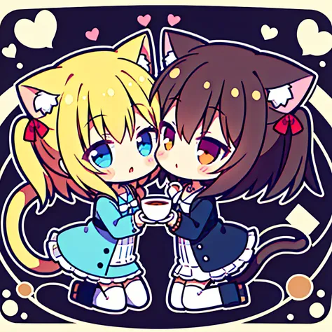 2girls,chibi,cat ears, kiss,yuri, coffee cup,symmetrical pose, tail, head rub, in cup,speak heart,