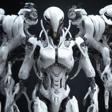 An alien，full bodyesbian，Humanoid，mechs，(Wearing a white zirconium dioxide ceramic surface mech:1.5)，(((Hard surface properties)))，(((streamlined line design)))，It has refined features in a sci-fi environment,with light glowing, Sparks and lights, best qua...