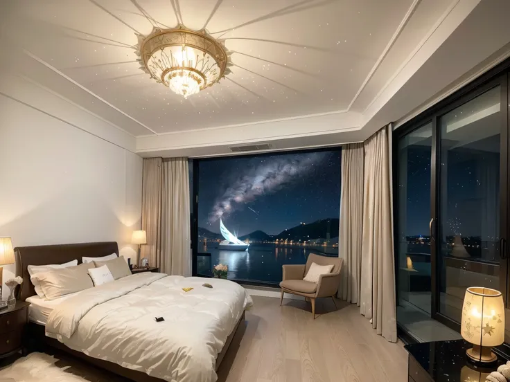 Reallightandshadow，Under the dark night sky，A mysterious and beautiful bedroom comes into view。Huge glass ceiling，Starlight twinkles，Awakened all yearning for beauty。onbed，The soft silky velvet futon exudes a delicate aroma，Its intoxicating。On the walls，A ...