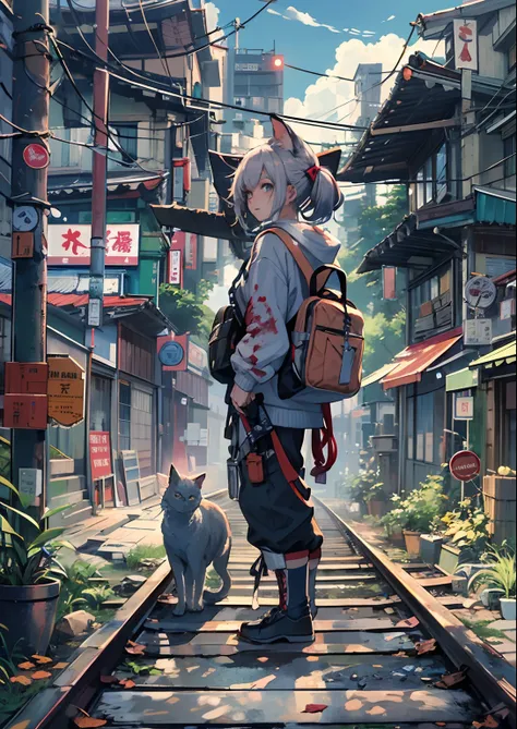 1boy,Mans ,Cyberpunk Boy、katanas,machine gun、Cats ears、silber hair、poneyTail、Whole body bloody、The beginning of the adventure、during daytime、Into the cloud、contrail、ruined and devastated city、Complex Japan buildings、railroad crossing、Trees、Warm lighting、pu...